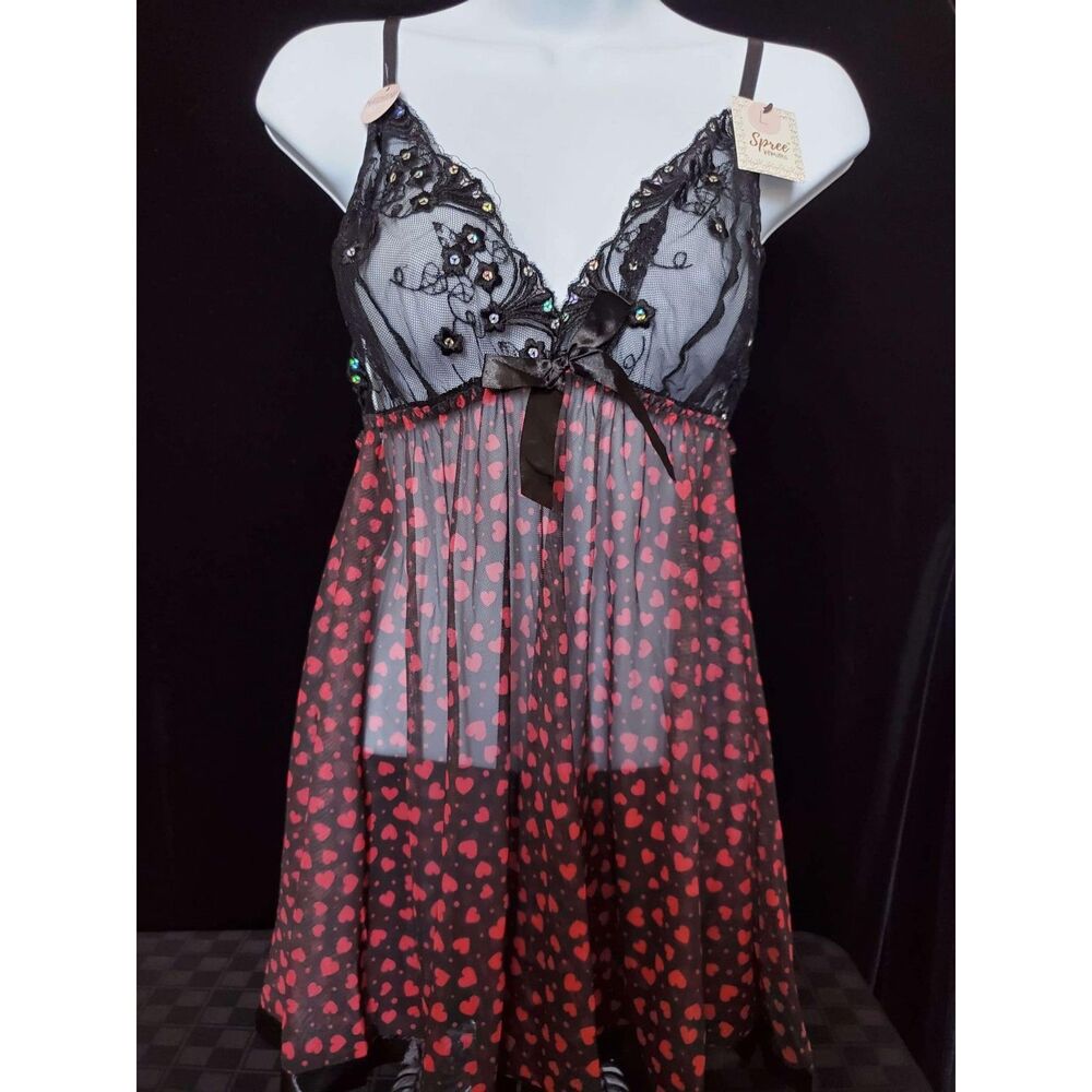 NWT Spree Intimates Black w/ Red Hearts Lingerie Set, M - Style #190 DOTHEART